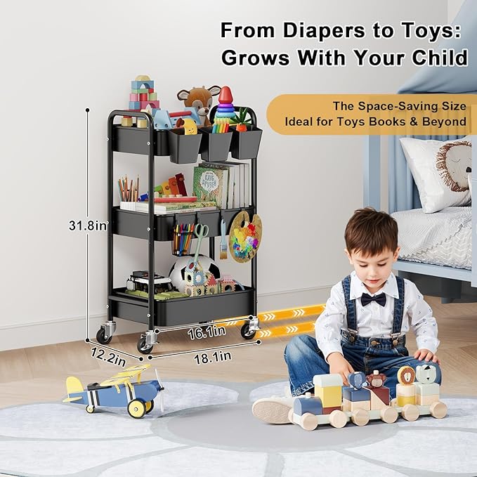Baby Diaper Caddy Organizer and Storage, 3 Tier Rolling Cart with Wheels for Newborn Nursery Essentials, Baby Organizers for Changing Table, Crib, Bedroom, Movable Bedside Organizatio (Black)
