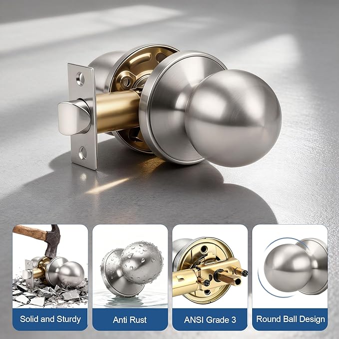 Knobonly 1 Pack Passage Door Handles Ball Shape for Hall/Closet Without Keys Brushed Nickel Finish