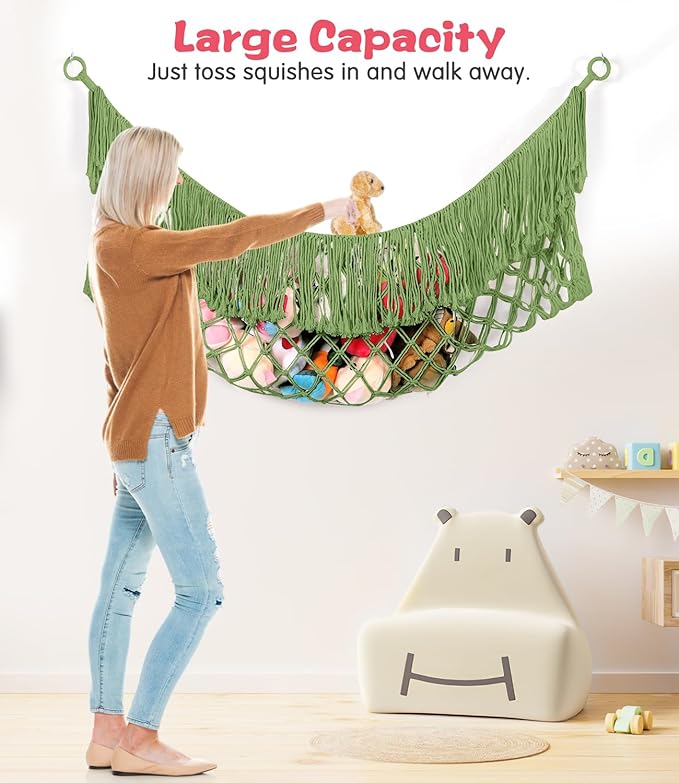 Stuffed Animal Hammock - Extra Large 56'' Long, Stuffed Animal Storage, stuffed animal Holder net, Hammock Large, Storage Hanging Organizer - Avocado green