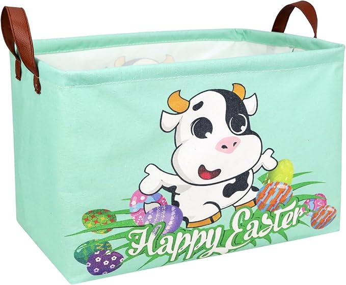ASKETAM Cow Easter Basket for Kid Large Empty Baby Rectangular Cute Easter Gift Storage Basket Bunny Eggs Décor (Cow)