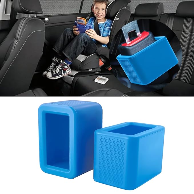 2 Pack Silicone Seat Belt Buckle Holder, Seat Belt Buckle Booster for Kids, Durable Silicone Material, Easy Access to The Buckles of Rear Seats, Car Accessories, Suitable for Most Car Models (Blue)