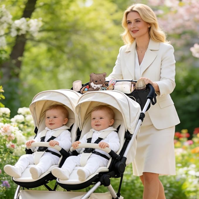 Double Stroller Organizer for Bob Duallie and Baby Jogger City Mini GT2, Double Stroller Caddy Organizers with Cup Holder and 2 Cooler Pockets Parent Console Double Stroller Accessories