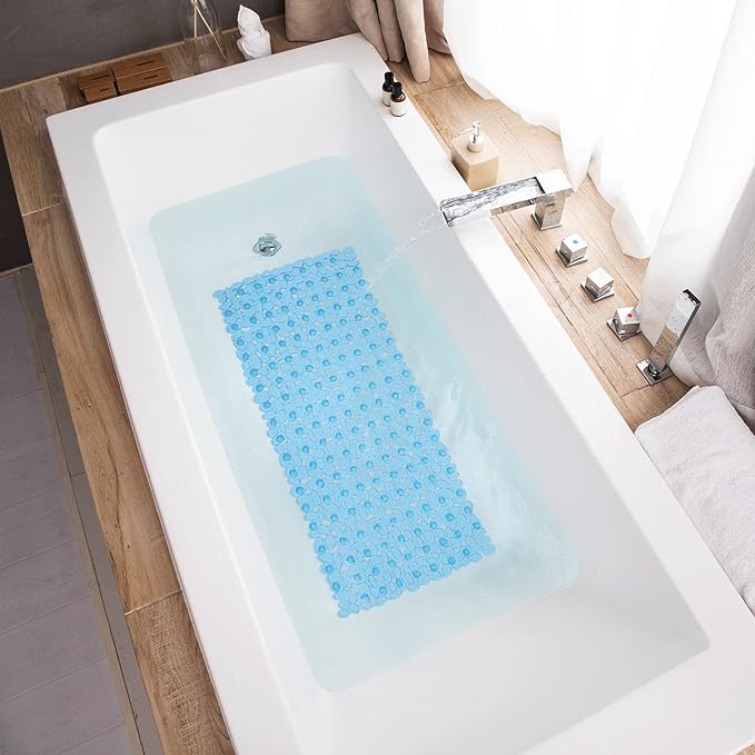 Bath Tub and Shower Mats, Non-Slip Pebble Bath Mat, 35 x 16 Inches Machine Washable Bathtub Mat with Drain Holes, Suction Cups for Bathroom (Clear Blue)