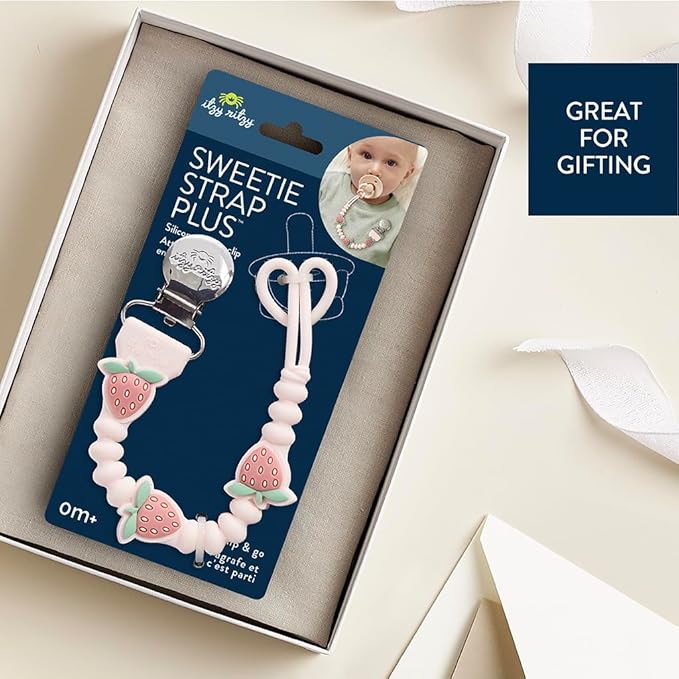 Itzy Ritzy Silicone Pacifier Clip – 100% Food Grade Silicone Pacifier Strap with Clip Keeps Pacifiers, Teethers & Small Toys in Place – Features One-Piece Design & Cord (Strawberry)