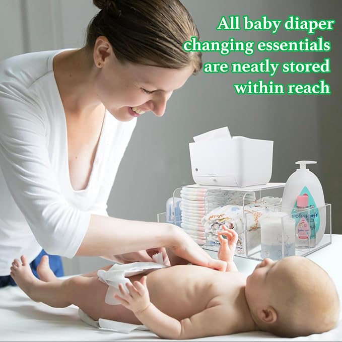 Acrylic Diaper Caddy, Baby Wipes Organizer for Changing Table, Dresser Top Tabletop Organizer with 4 Detachable Compartments, Anti-slip Rubber Feet, Newborn Baby Essentials, Clear