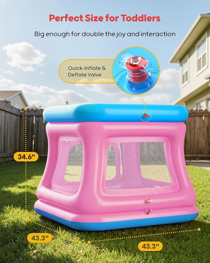 QPAU 3-in-1 Inflatable Bounce House for Toddlers 1-3, Ball Pit & Trampoline, Inflatable Bouncy House with Safety Net, Indoor & Outdoor Bubble Bouncer Baby Play Yard（Blue & Pink）