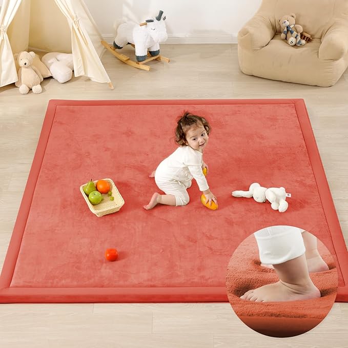 1.3" Thick Baby Floor Play Mat, 59x79 Padded Foam Tummy Time Crawling Mat, Non-Slip Water-Repellent Soft Plush Nursey Area Rug for Playroom Bedroom Living Room (Brick)