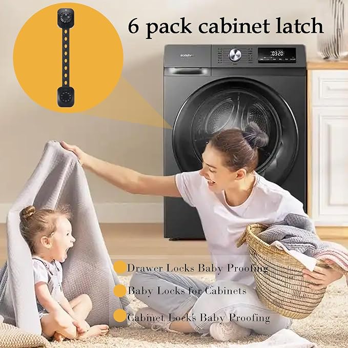 Cabinet Locks Baby Proofing, Child Safety Drawer Locks -Adjustable Child Safety Strap Locks Adhesive Baby Door Latch for Fridge Toilet Oven No Drill Multi-Purpose Furniture Kitchen Lock Black 6 Pack