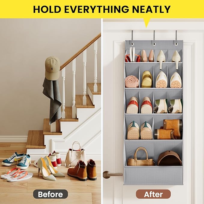 Mefirt Over the Door Shoe Rack with Large Deep Pockets, Door Shoes Organizer for Closet, Hanging Boots Shoe Rack, Behind the Door Narrow Shoe Holder, Multiple Pockets for Flexible Storage, Grey ﻿