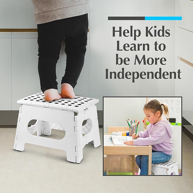Handy Laundry Folding Lightweight Step Stool - Sturdy Enough to Support Adults and Safe Enough for Kids - Opens Easy with One Flip - Great for Kitchen, Bathroom or Bedroom (White - 9 Inch)
