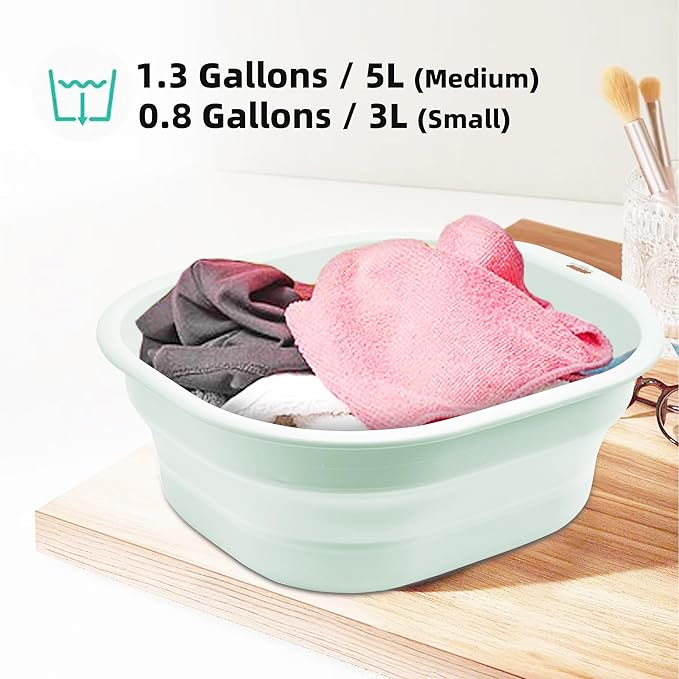Bellglee 2 Pack Collapsible Wash Basin Set, Foldable Dish Tub, Small Medium Portable Sink for Kitchen, Camping, RV, Baby Bottles, Laundry, Plastic Washbasin -Green