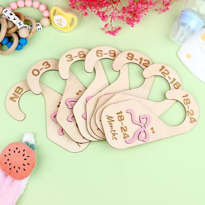 Bnesi Wooden Closet Dividers Wooden Bow Dividers for Closet Set of 7 Newborn Clothes Size Hanger Dividers from Newborn to 24 Months Pink Nursery Decor (Relaxing)