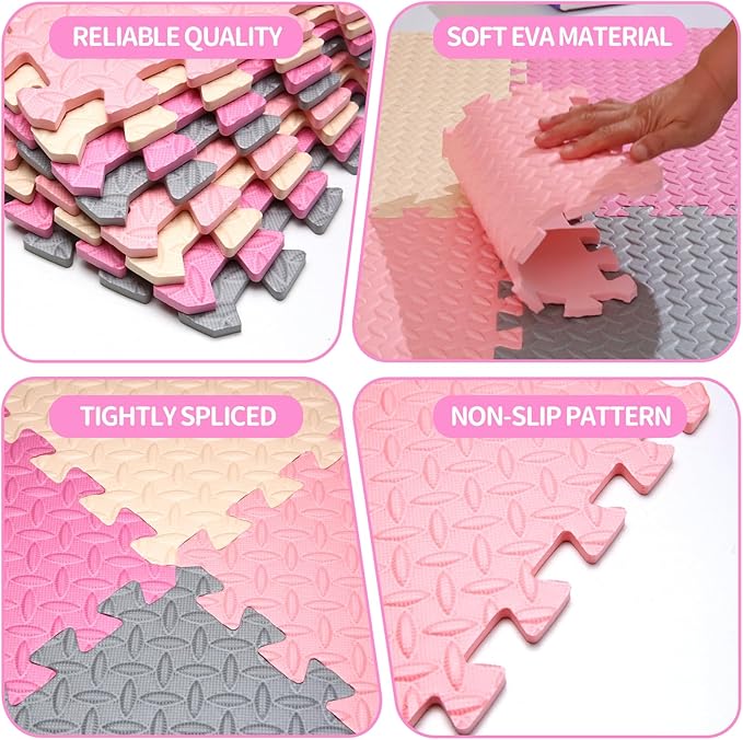 Coolcandy Baby Foam Play Mat 16Pcs with Edge Strips, 4 Colors Interlocking Floor Tiles, 0.4″ Thickened Non-Slip Puzzle Floor Mat for Infants Toddlers Playroom & Daycare