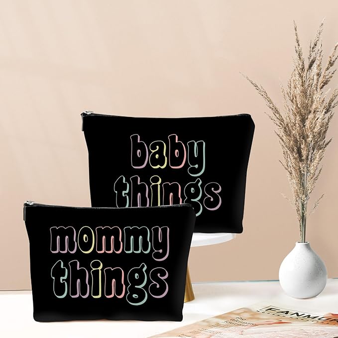 Mommy and Baby Bag Set Canvas Pouch Set Black Keepsake for New Mothers Travel Toiletry Bag for Baby Stuff, Mother's Day Gifts, Set of 2