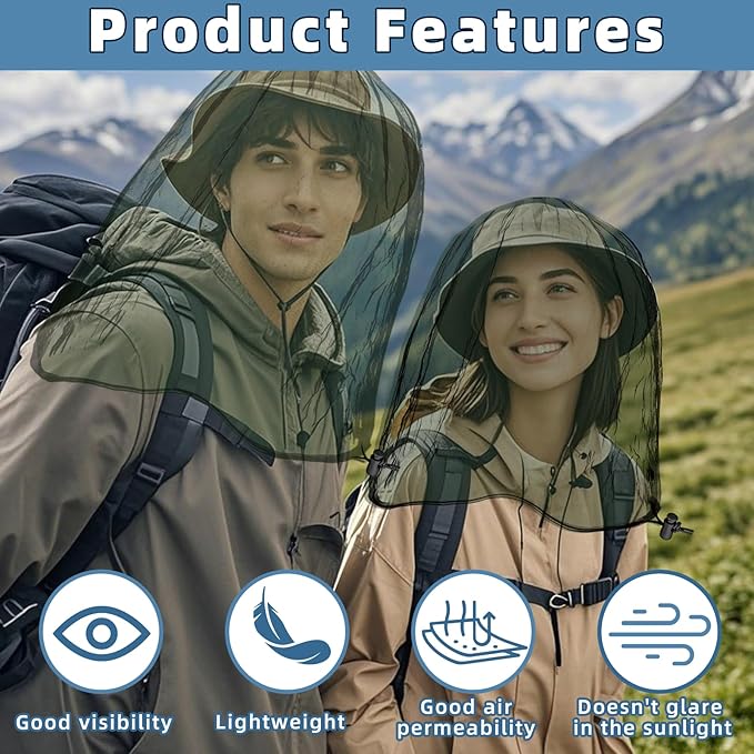 2 Pack Ultra Large Mosquito Net 42x25 Inches Mosquito Head Net Oversized Insect Netting Bug Fits Most Hats for Gardening Hiking Fishing Traveling(Army green)