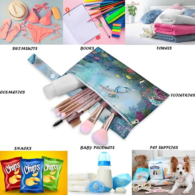 visesunny Mermaid Dolphin Animal 2Pcs Wet Bag with Zippered Pockets Washable Reusable Roomy for Travel,Beach,Pool,Daycare,Stroller,Diapers,Dirty Gym Clothes, Wet Swimsuits, Toiletries