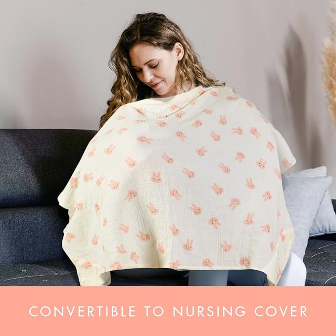 ANYEDDE 2-Pack Nursing Covers for Breastfeeding - Lightweight, Breathable Baby Breastfeeding Covers with Arch Neckline & Adjustable Straps, Pink & Bunny Design, Muslin Privacy Nursing Cover for Women