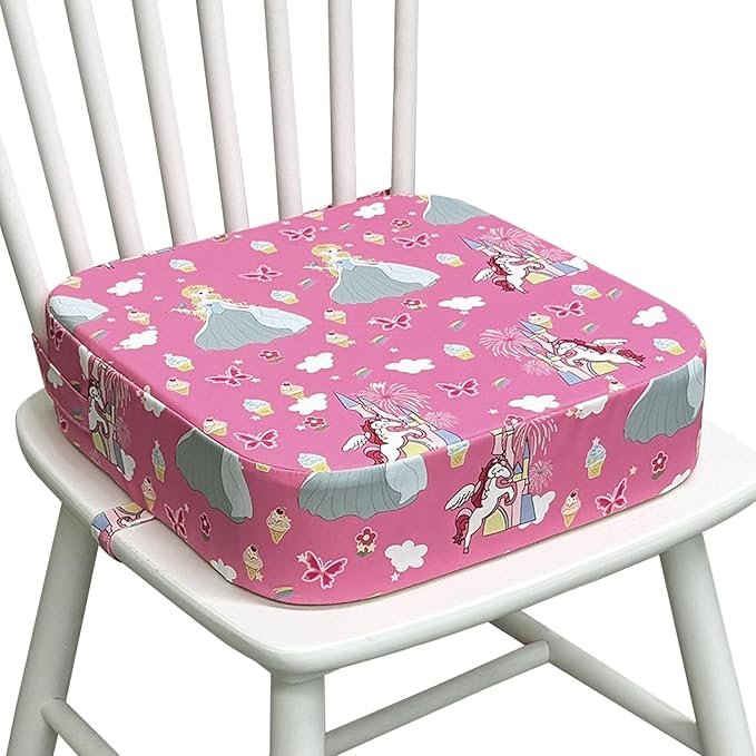Toddler Booster Seat for Dining Table, Waterproof Kids Booster Seat for Kitchen Chair, High Density Foam Cushion with Non-Slip Bottom, Washable Cover & Adjustable Straps (Pink Castle)