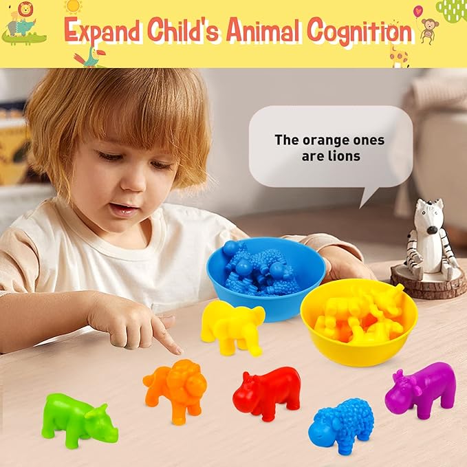 NAODONGLI Counting Animals Color Sorting Stacking Matching Games with Rainbow Bowls Montessori Preschool Educational Learning Activities Fine Motor Skills Toys Easter Gift for Toddlers Ages 3+