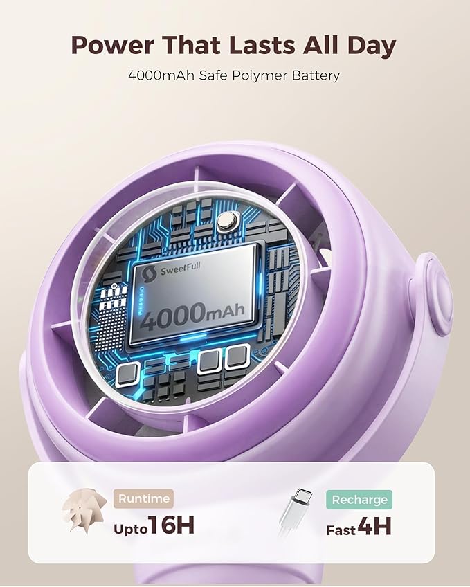 SWEETFULL Baby Stroller Fan - 4000mAh Rechargeable 4-Speed Quiet with LED Display & Night Light, Mini Portable 360° Clip On Safe Fan for Car Seat, Crib, Travel - Purple