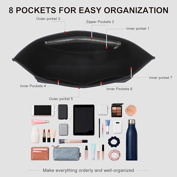 Premium Felt Purse Organizer Insert for Longchamp Le Pliage M Top Handle Tote Bag, Lighweight Long Champ Medium Tote Divider with Zipper Pocket,Bags Storage Shaper with 7 Pockets, Black/SM