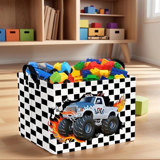ASKETAM Racing Car Storage Basket Monster Truck Toy Book Shelf Basket Kid Room Decor Gift (Black and White Checkered)