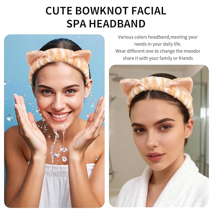 PERFECTSIGHT Spa Headband for Washing Face, 2 Pack Cute Hair Band for Shower Yoga Beauty Skincar Party, Soft Fluffy Makeup Headband, Kawaii Facial Headbands for Woman Girls, Leopard+Yellow Cat Ear