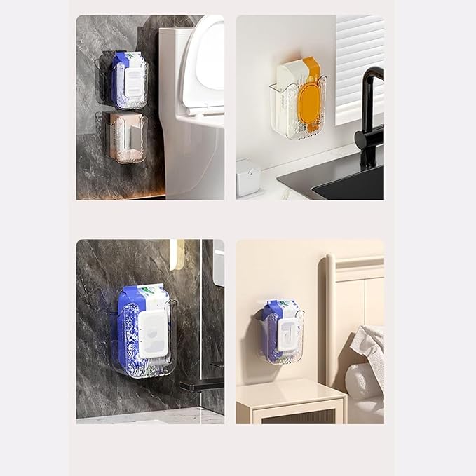Kitchen Wipes Storage Box, 2024 New Non-Slip Flushable Wipes Holder for Bathroom Toilet, Wall-Mounted Clear Wet Tissue Dispenser Container Box No Punching Refillable Keeps Baby Wipes Fresh Case