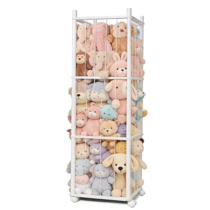 BENCHRY Stuffed Animal Storage Kids, Wood Stuffed Animal Zoo Storage with Brake Wheels, Stuffed Animal Organizer with Elastic Cords for Kids, Perfect for Nursery Playroom Kidroom Bedroom - White