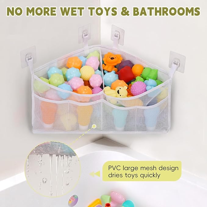 Goowin Bath Toy Organizer, Triangle Corner Bath Toy Storage, Quick Access Bath Toy Holder for Bathtub, Large Capacity Bath Storage for Toys, Quick Dry Mesh Bath Toy Holder for Hanging, White