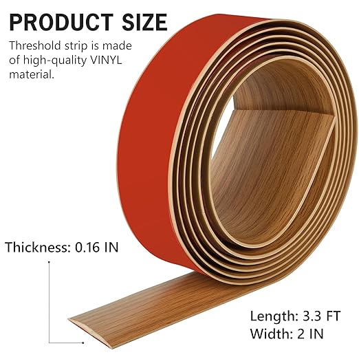 3.3Ft Floor Transition Strip Self Adhesive Vinyl Cover Floor Strip Flat Divider Transition Strip Wood Grain Design for Laminate Floor Gaps and Doorway Transitions (3.3Ft x 2 Inch, Light Brown)