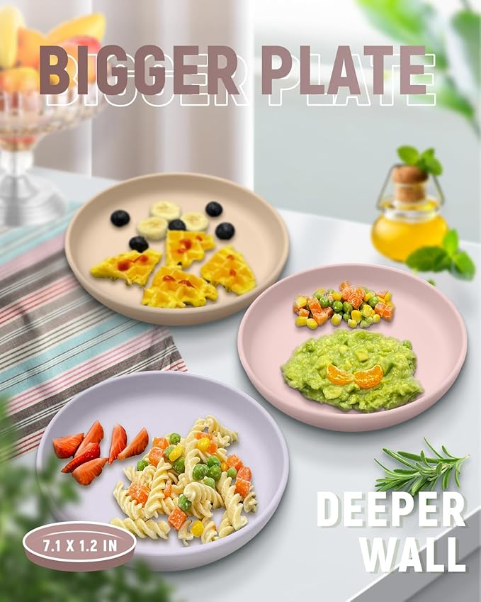 Toddler Plates with Suction 2 Pcs, BPA Free Silicone Suction Plates for Baby Toddler Kids, Baby Dinner Dishes Stick & Stay, Microwave & Dishwasher Safe