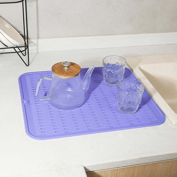 MicoYang Silicone Dish Drying Mat for Multiple Usage,Easy clean,Eco-friendly,Heat-resistant Silicone Mat for Kitchen Counter or Sink,Refrigerator or Drawer Liner Light Purple XL 18 inches x 16 inches