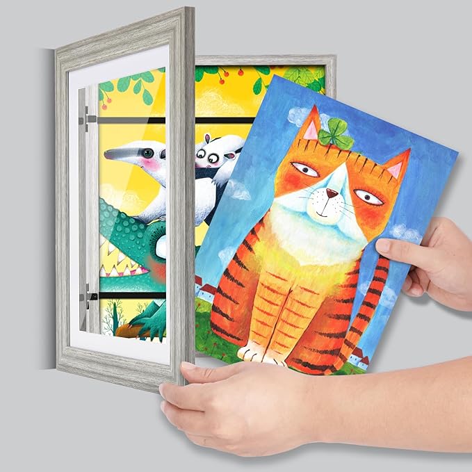 [2 Pack] Kids Art Frames, 10x12.5 Front Opening Kids Artwork Frames Changeable, Grey Wood Grain Artwork Display Storage Frame for Wall, Holds 50 Pcs, for 3D Picture, Crafts, Children Drawing, Hanging