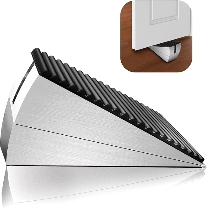 Heavy Duty Metal Door Stop, Strongest Large Adjustable Spring Door Stopper Up to 3 inch Tall, Door Stoppers for Bottom of Door, Stainless Steel Silver Rubber Door Wedge for Any Heavy Doors
