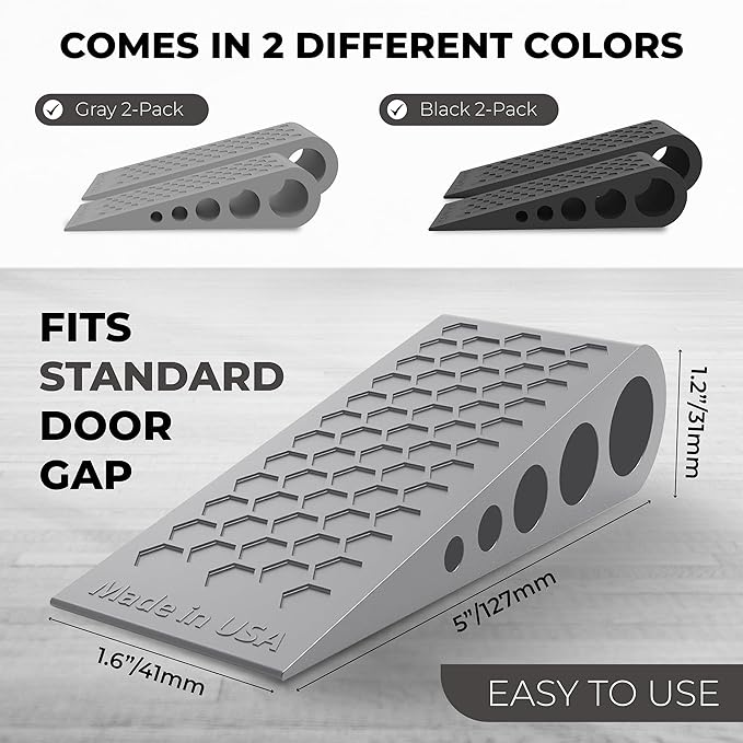 Door Stoppers for Bottom of Door Premium Floor Rubber Door Stop Wedge Made in USA Heavy Duty Honeycomb Design for Carpet, Tile, Ideal for Home, School, Commercial, Black 2-Pack