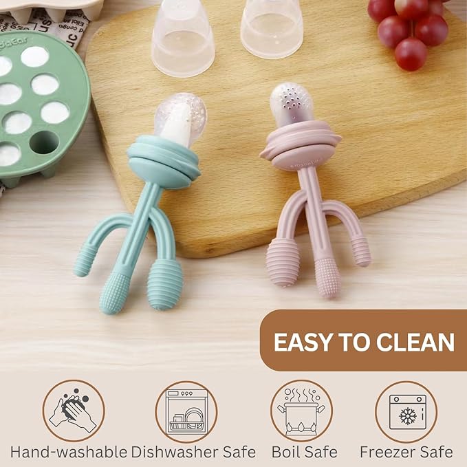PandaEar 2 Pack Baby Breastmilk Popsicle Molds & 3 Pack Baby Fruit Food Feeder Pacifier, Baby Fruit Food Feeder Teether Tray Ice Cube Maker, Silicone Feeder Cactus Shape Teething Toy 3 Sizes Pouches