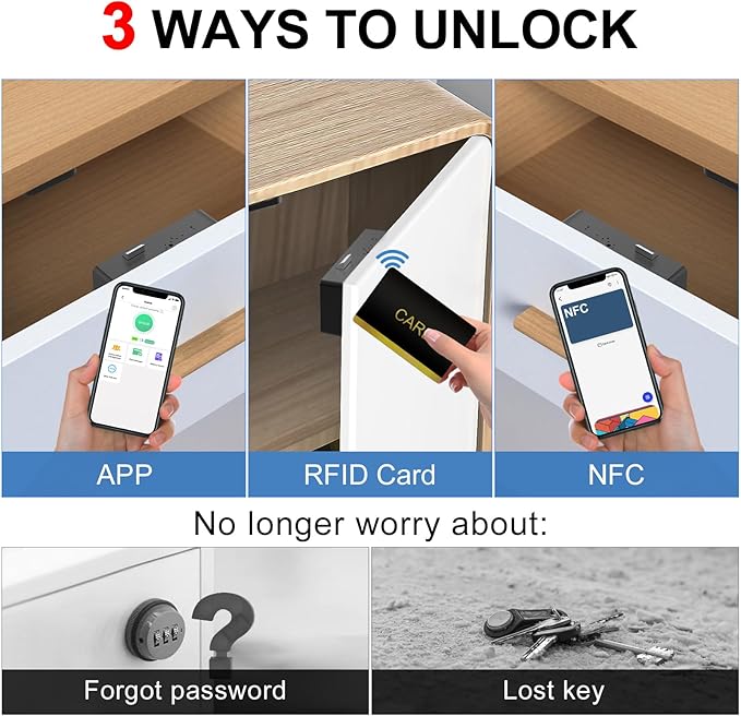 Drawer Lock eLinkSmart Hidden Cabinet Lock with NFC RFID Card Bluetooth APP Child Safety No Drilling Required for Kitchen Pantry Furniture Cupboard Door Black