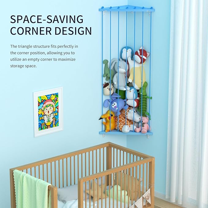 Stuffed Animal Storage Toy Organizer(Patented) - Large Corner Stuffed Animal Holder Length Adjustable - Wall Plush Storage for Nursery Playroom Bedroom Kids Room (Blue)