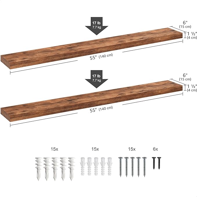 Ballucci Floating Shelves, 55" Wood Wall Shelf Set of 2, with Invisible Brackets for Bathroom, Living Room, Bedroom, Kitchen, Nursery, 6" Deep, Rustic Brown