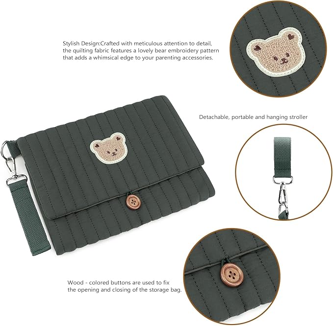 MOMIGO Baby Diaper Bag Organizer Pouches - Waterproof Pod Foldable Diaper Organizer Set, Cute Bear Bag Gift for Baby Shower (Green)