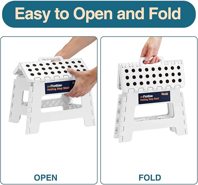 Flottian 9" Folding Step Stool for Adults and Kids Holds Up to 300 lbs,Non-Slip Folding Stools with Portable Handle, Compact Plastic Foldable Step Stool for Bathroom,Bedroom, Kitchen White
