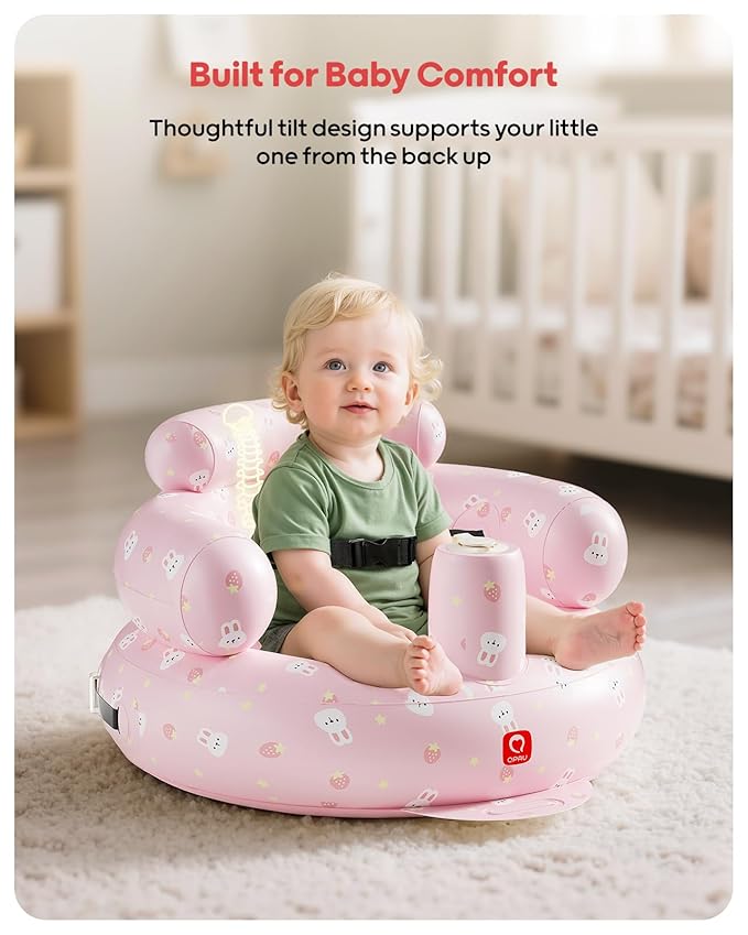 QPAU Inflatable Baby Seat with Safety Harness for Babies 3 Months & Up, Baby Floor Seats for Sitting Up, Baby Seats for Infants, Blow Up Baby Chair with Built in Air Pump (Pink Rabbit)