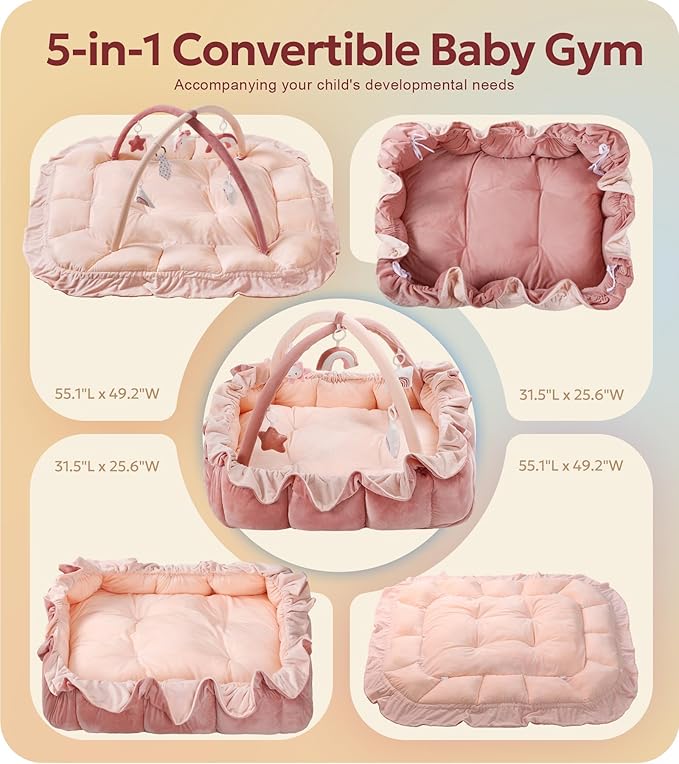 Mallify 5-in-1 Plush Baby Play Gym, Baby Play Mat, Convertible Baby Gym with Blanket and 6 Toys, Tummy time mat, Baby Activity Center from Newborn to Toddler, Baby Gym, Baby Newborn Essentials, Pink