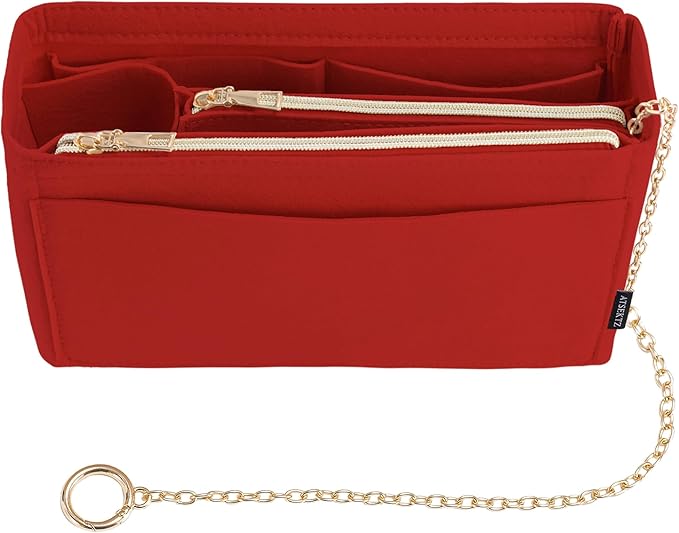 Purse Organizer Insert, Handbag Organizer with Zipper, Tote Shaper with Cup Holder & Keychain, Compatible with LV, Neverfull, MK, COACH, Longchamp, Kate Spade – Red-Sl. Med