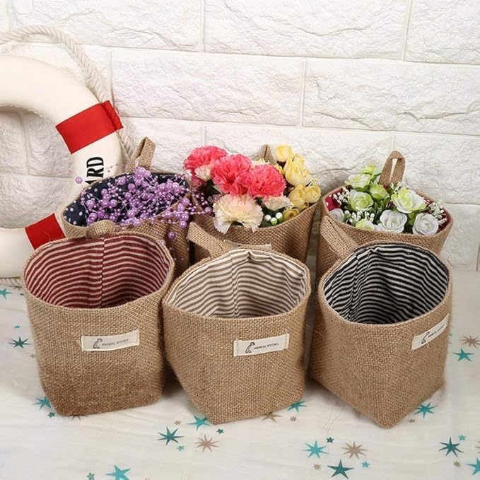 6 PCS Mini Hanging Storage Bags, Anberky Cotton Linen Small Storage Basket Wall Hanging Organizer Box Wall Mounted Storage Pocket Collapsible Decor Bin Bag with Handle for Wall Door Closet (#A)