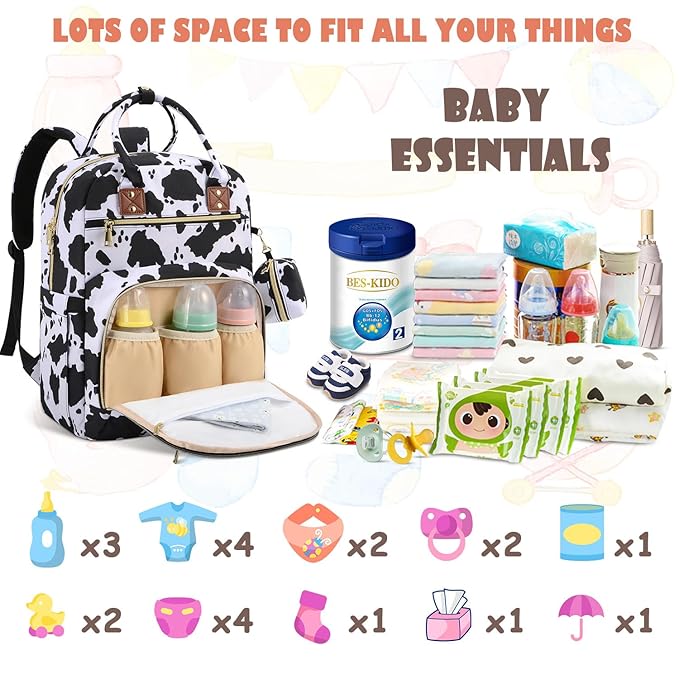 Tenot Baby Diaper Bag Backpack, Travel Diaper Bags for Baby Girl Boy Large Capacity Baby Bag Backpack for Women Cow Print