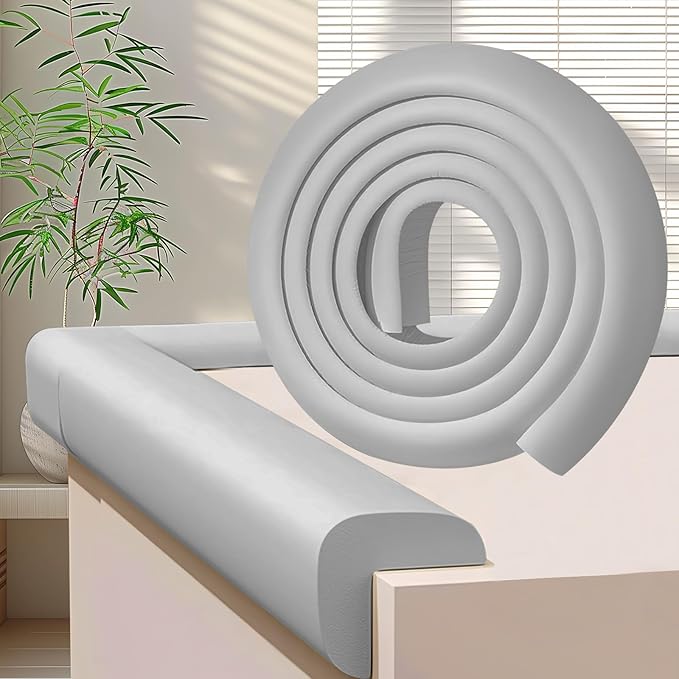 ZOMPAGO Baby Proofing Edge & Corner Protectors, 1 Roll Grey Foam L-Shape Self-Adhesive Bumper Strip, Soft Shock-Absorbent Wall & Furniture Safety Bumpers for Nursery, Kitchen, Fireplace, Table, Desk