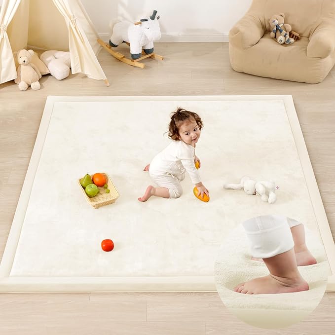 1.3" Thick Baby Play Mat for Floor, 79x118 Large Foam Tummy Time Mat, Padded Support Soft Plush Nursery Rug for Infant Kids Toddler Crawling Kick Activity (Ivory)
