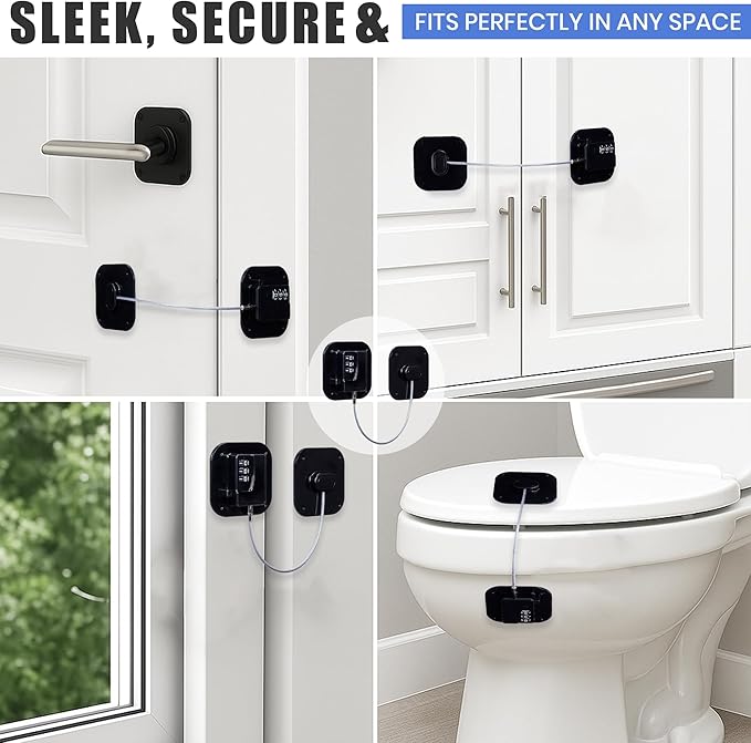 Refrigerator Lock - 2 Pack Cabinet Locks with Strong Adhesive, ABS Plastic & Steel Cable, 3 Digit Combination Code Locks for Fridge, Cabinets, Closets & Drawers Easy to Install No Keys Needed (Black)